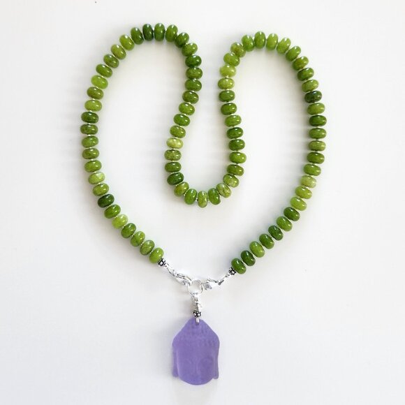 GREEN COLOR JADE NECKLACE W/ PURPLE BUDDHA--20" - Picture 3 of 4